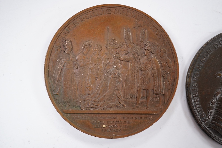 European Historic Medals, Frederick the Great Battle of Prague bronze medal, 1757, and Charles X of France coronation bronze medal, by E. Cannois, 1825 (2)